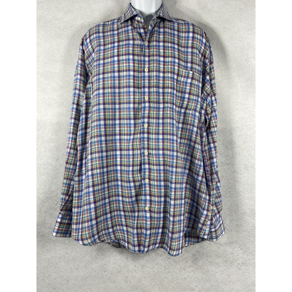 Peter Millar Shirt Mens Large Blue Purple Button Up Long Sleeve Striped‎ Linen